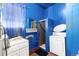 Blue bathroom with shower stall, vanity, laundry machine, and unique design at 2410 W 36Th Ave, Denver, CO 80211