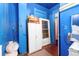 Blue hallway filled with household items and appliances, including a microwave and storage cabinet at 2410 W 36Th Ave, Denver, CO 80211