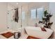 Bright bathroom with a standalone tub, glass shower, and decorative accents at 5668 Shadescale Way, Castle Rock, CO 80104