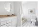 Clean bathroom with white tile, a built in bathtub and shower, and classic white fixtures at 1260 S Emerson St, Denver, CO 80210
