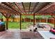 Outdoor oasis featuring a wooden pergola, outdoor furniture, and a lush green lawn at 13642 Wrangler Way, Mead, CO 80542
