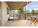 Relaxing covered deck with a hot tub, wooden seating, string lights, and views of the surrounding trees at 24045 High Meadow Dr, Golden, CO 80401