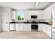 Spotless kitchen featuring white cabinets, black countertops, and stainless steel appliances at 13983 E 104Th Pl, Commerce City, CO 80022