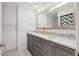Well-lit bathroom featuring granite countertops, a large vanity mirror, and modern fixtures at 5653 E Southmoor Cir, Englewood, CO 80111