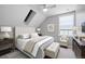 Bright primary bedroom with vaulted ceiling, skylight, and neutral decor at 8721 E 23Rd Ave, Denver, CO 80238