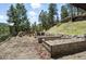 Picturesque garden beds surrounded by mature trees, offering a tranquil and natural environment at 7221 S Brook Forest Rd, Evergreen, CO 80439