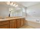 Bathroom featuring a soaking tub with glass shower, dual sinks, and large mirror at 3978 Aspen Hollow Ct, Castle Rock, CO 80104
