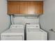 Laundry room with a washer and dryer, complemented by overhead storage cabinets at 540 S Forest St # 5-204, Denver, CO 80246
