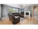 Inviting living room with a cozy fireplace and ample natural light from the large windows at 14049 Detroit Dr, Thornton, CO 80602