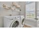 Convenient laundry room with modern washer and dryer, and open shelving for storage at 3372 Central Park Blvd, Denver, CO 80238