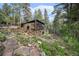 Idyllic exterior of a rustic stone and log cabin home surrounded by lush greenery at 5672 Santa Clara Rd, Indian Hills, CO 80454
