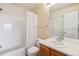 Bathroom with a shower-tub combo, neutral tones and vanity storage at 7141 Red Mesa Dr, Littleton, CO 80125
