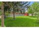 View of a well-maintained lawn, mature trees, privacy fence, and a charming red shed in the backyard at 6025 Johnson Way, Arvada, CO 80004