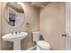 Powder bath with pedestal sink, round mirror, and toilet at 11300 Night Heron Dr, Parker, CO 80134