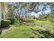 Landscaped backyard with mature trees and lawn at 7276 Brighton Ct, Castle Pines, CO 80108