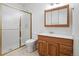 Bathroom with frosted glass shower and wood vanity at 7276 Brighton Ct, Castle Pines, CO 80108