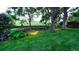 Tranquil backyard view features mature trees, green lawn, and a wooden fence at 5150 Morning Glory Pl, Highlands Ranch, CO 80130