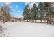 Large backyard with snow-covered lawn, trees, and playset at 502 E Lake Ave, Centennial, CO 80121