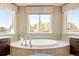 Relaxing soaking tub with tile surround, dark wood cabinets and bright lighting in the main bathroom at 4041 E Forbes Ct, Greenwood Village, CO 80121