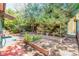 Beautiful backyard with mature trees, garden beds, and a bench, perfect for enjoying nature at 2227 N Gilpin St, Denver, CO 80205