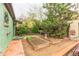 Landscaped backyard featuring garden beds, a bench, and mature trees providing a serene outdoor space at 2227 N Gilpin St, Denver, CO 80205