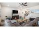 Comfortable living room featuring a fireplace, large TV, and staircase to the second floor at 2243 Villageview Ln, Castle Rock, CO 80104