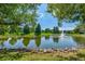 Scenic pond with fountain surrounded by lush greenery and mature trees at 13931 E Marina Dr # 402, Aurora, CO 80014