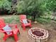 Cozy backyard setting with red Adirondack chairs, blue pillows, and a brick fire pit, ideal for outdoor relaxation at 943 Pinon Ct, Longmont, CO 80504