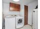 Convenient laundry room featuring a washer, dryer, and overhead cabinets for storage at 943 Pinon Ct, Longmont, CO 80504