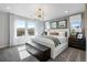 Bright bedroom features neutral décor, an elegant light fixture, views, and a decorative accent wall at 16648 W 92Nd Pl, Arvada, CO 80007