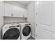 Efficient laundry room with white cabinets, modern washer and dryer units, and neutral wall color at 9487 W 58Th Ln # C, Arvada, CO 80002
