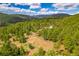 Aerial view of horse property with a riding arena, barn, lush trees, and rolling hills in the background at 8838 Hillview Rd, Morrison, CO 80465