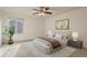 Comfortable bedroom featuring neutral tones, a ceiling fan, and ample natural light through the window at 5428 W 115Th Dr, Westminster, CO 80020