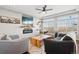 Inviting living room with comfortable seating, a modern fireplace, and plenty of natural light from large windows at 18079 E 108Th Pl, Commerce City, CO 80022
