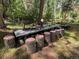 Charming outdoor dining area with tree stump chairs and a long wooden table in a scenic wooded setting at 9716 Canon Dr, Sedalia, CO 80135