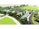 An aerial rendering shows recreational park with tennis, pickle ball, baseball, and soccer fields surrounded by green trees at 5249 Mt Arapaho Cir, Frederick, CO 80504