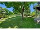 Expansive backyard features mature trees, green lawn, wood fence and a hammock at 7773 Gunsight Pass, Littleton, CO 80127