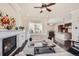 Cozy living room with fireplace flows into open kitchen and dining area at 9182 Ridgegate Pkwy, Lone Tree, CO 80124