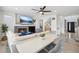 Open-concept living room featuring a cozy fireplace, ample seating, and seamless access to the staircase at 21434 E Greenwood Pl, Aurora, CO 80013