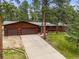 Exterior of cabin home with long driveway, large garage, set among a backdrop of mature trees at 26499 West St, Conifer, CO 80433