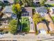 Aerial view of fenced backyard, featuring a manicured lawn, garden, patio, and play area at 2950 Hudson St, Denver, CO 80207