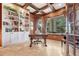 Stylish home office with custom built-ins, hardwood accents, and a peaceful view of the yard at 5275 Pinyon Jay Rd, Parker, CO 80134