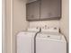 Neat laundry room features washer and dryer with built-in upper cabinets at 13645 E Yale Ave # C, Aurora, CO 80014