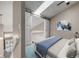 Bright bedroom with a blue rug, skylight, slider barn door, and loft access at 4899 S Dudley St # 18A, Littleton, CO 80123