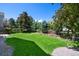 Spacious backyard featuring a lush green lawn and mature trees at 85 Willowleaf Dr, Littleton, CO 80127