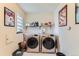 Bright laundry room featuring front-load washer and dryer, ample shelving, and natural light through a glass block window at 1635 Winona Ct, Denver, CO 80204