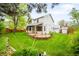 Expansive backyard with lush green lawn, mature trees, brick patio and privacy fence at 8523 S Flower Ct, Littleton, CO 80128