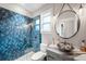 Stylish bathroom featuring vanity with vessel sink, blue tile shower, and modern finishes at 8523 S Flower Ct, Littleton, CO 80128