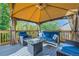 Inviting outdoor deck area with comfortable seating and gazebo, ideal for relaxing and entertaining at 13723 Milwaukee Ct, Thornton, CO 80602
