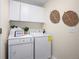 Bright laundry room featuring a washer, dryer, and white storage cabinets at 1188 Mulberry Ln, Highlands Ranch, CO 80129
